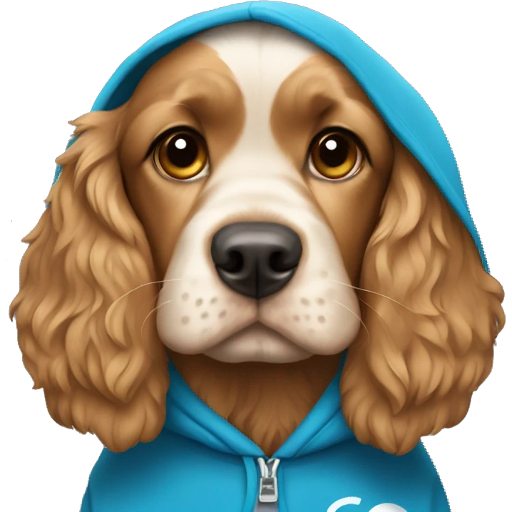 Cocker spaniel wearing a blue hoodie with the logo of toncoin emoji