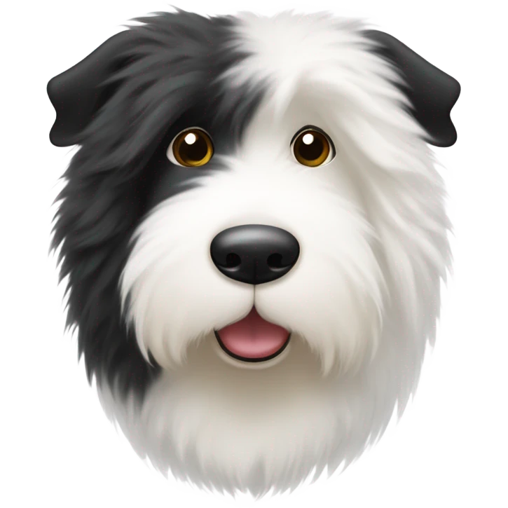 Old English sheepdog with a half and half face like a black (left) and white (right) cookie emoji