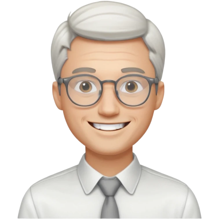 30 yr old pale white man, white/grey side swept stylish hair, round glasses, big smile, white teeth, handsome, longer hair, thin glasses, white dress shirt emoji
