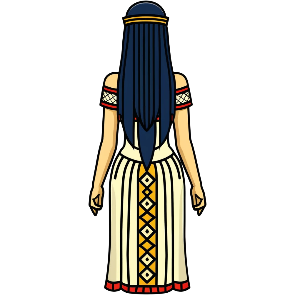 back view of Anunnaki goddess Inanna with straight long black hair and ancient Sumerian symbols embroidered on her ceremonial dress emoji