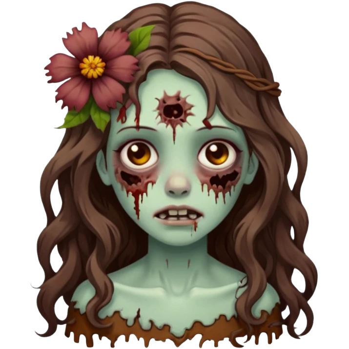 uma garota zumbi, de cabelos castanhos,ondulados e longos, com uma flor no cabelo emoji