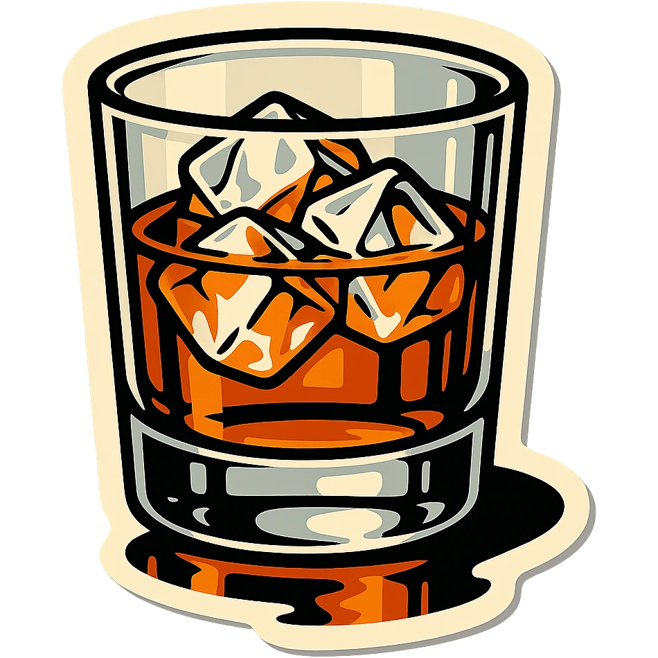 whiskey glass with several ice cubes, retro stickers style, sharp black outlines, expressive shadows and highlights, no gradients, only sharp color transitions, reflection on the table emoji