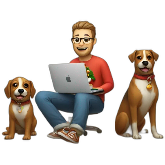 developer on a beach with a macbook and 2 dogs and santa's raindeers emoji
