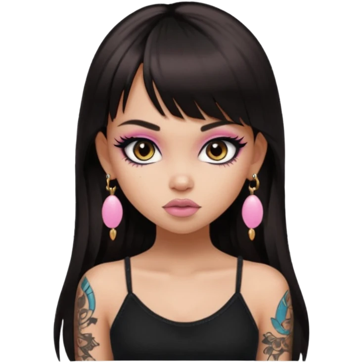 generate a pretty bratz girl in black cami top, dark brown straight long hair with bangs, eyeliner on, with tattoos emoji