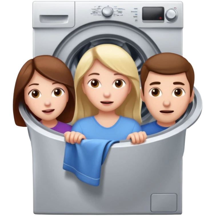 Eine Frau die in der Waschmaschine feststeckt und zwei männer die ihr helfen emoji