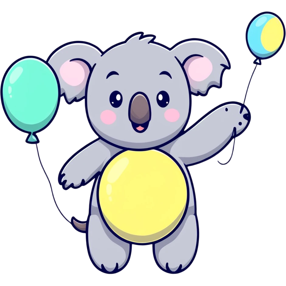 koala floating with pastel balloons, happy face emoji
