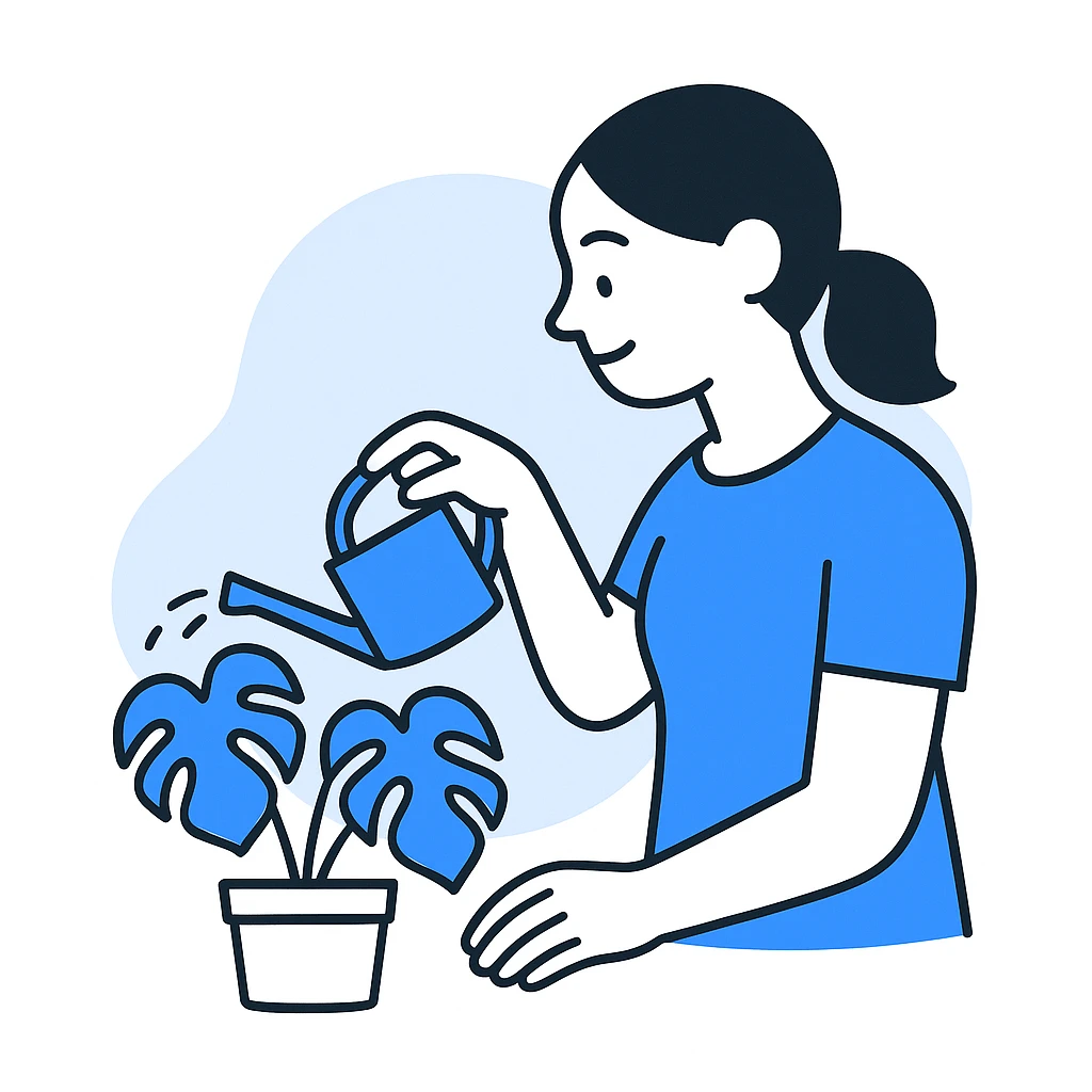 woman watering her monstera plant emoji