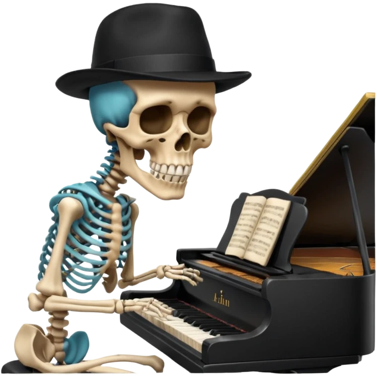 a human skeleton in anatomical proportion wears a black hat and plays the piano emoji