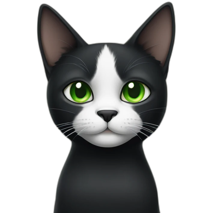 A black cat with green eyes with a white mustache, a white stripe on its nose, a full-length white breast and white paws emoji