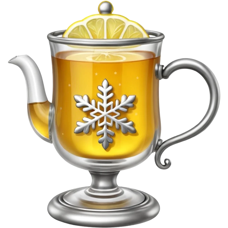 3D emoji of a traditional
Russian tea glass in an ornate silver metal holder (podstakannik). Hot tea with a lemon slice, visible steam forming a small snowflake shape. High-end glossy 3D
 emoji