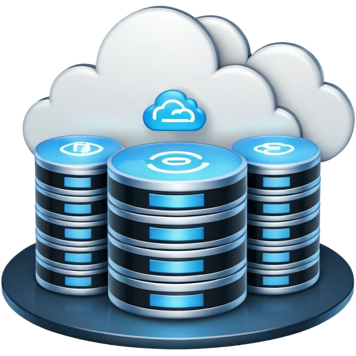 An icon featuring a database server, stacked data disks, and a cloud symbol, representing databases. The design includes binary code, a data structure diagram, and network connections, symbolizing data storage, management, and organization. Transparent background emoji