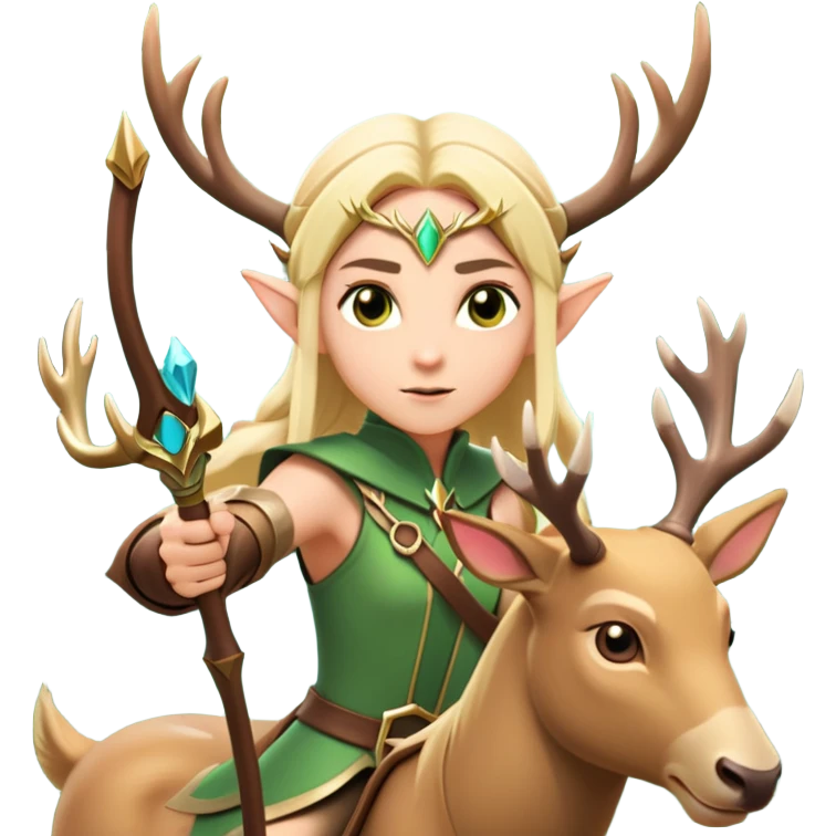 clash-of-clans-aesthetic-blond-elf-archer-portrait-emoji, rendered in a flat, vector-style with minimal shading and bold, simplified shapes, head tilted slightly forward with a determined, focused expression, riding a majestic stag whose luminous antlers glow with mystical energy, set against an ancient, enchanted forest backdrop. emoji