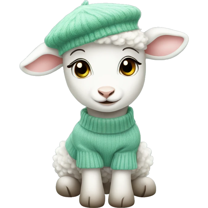 cute little female lamb wearing a water green sweater and a white beret emoji