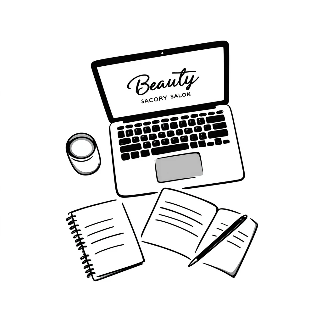 top view of a MacBook with a beauty salon logo on the screen, a notebook with one page filled with notes, and a pen laying on the notebook emoji