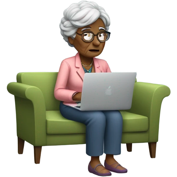 Grandma sitting on the sofa with MacBook, smoking a cigarette and looking in the laptop with a dissatisfaction emoji
