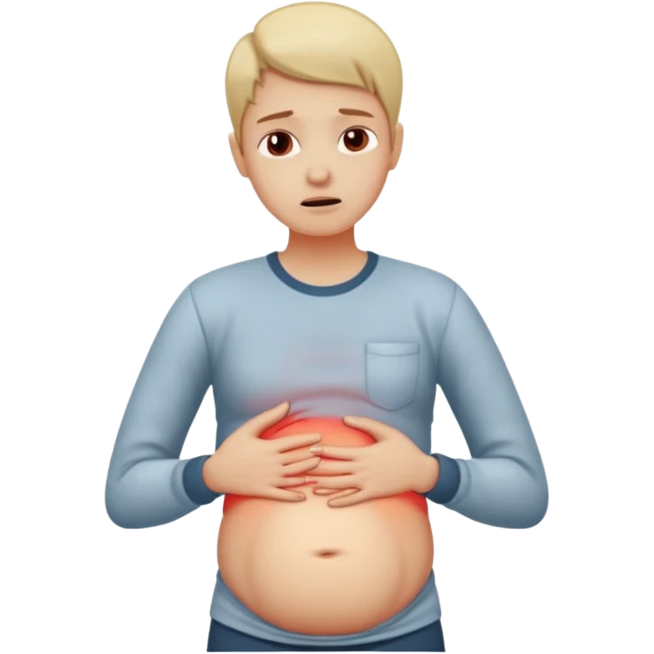 A person wearing casual clothes, holding their stomach with one hand, showing visible discomfort. A red glow appears over the abdominal area to indicate pain. Realistic medical illustration style, clean white background, focus on body language expressing stomach ache or cramps. emoji