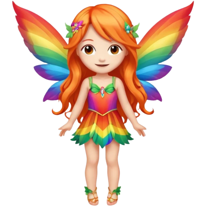 fairy with long orange hair, rainbow wings, red dress, happy, chibi full body emoji