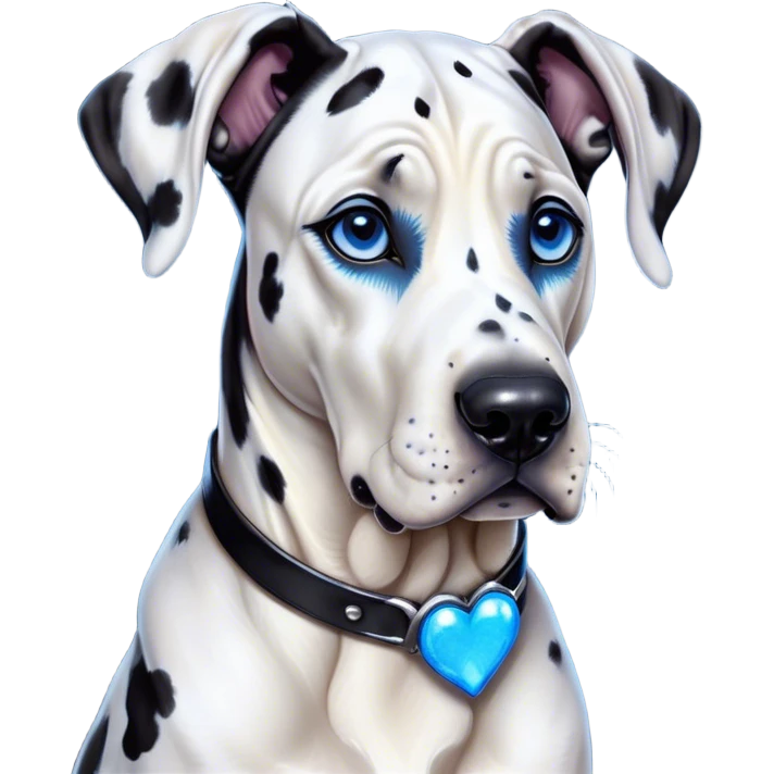 Cinematic Cute Harlequin Great Dane Portrait Emoji, Head tilted playfully and inquisitively, featuring a glossy coat of predominantly white with dynamic black patches, round, sparkling blue eyes filled with gentle curiosity, Simplified yet irresistibly adorable features, highly detailed, glowing with a warm, friendly glow, high shine, affectionate and gentle, stylized with a touch of whimsy, bright and endearing, soft glowing outline, capturing the essence of a mischievous yet loving pup, so playful it feels like it could lumber out of the screen and into your arms! emoji