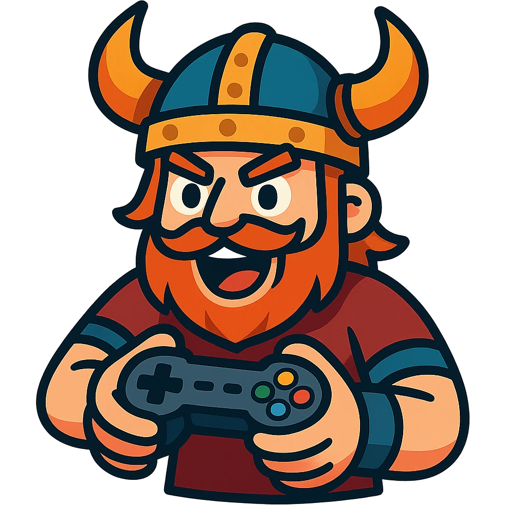viking gamer, modern cartoon style, detailed helmet, game controller, energetic expression emoji