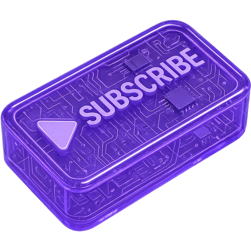 lavender subscribe button with a triangle, futuristic cyberpunk style emoji