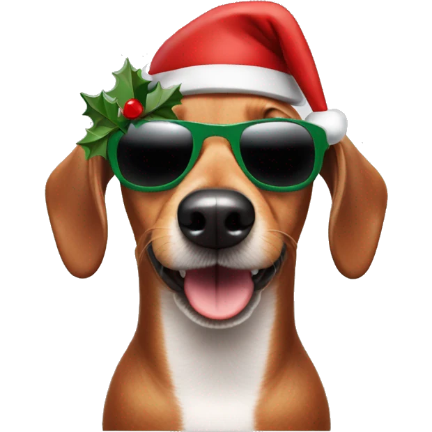 Sausage dog wearing a Christmas hat and sunglasses emoji