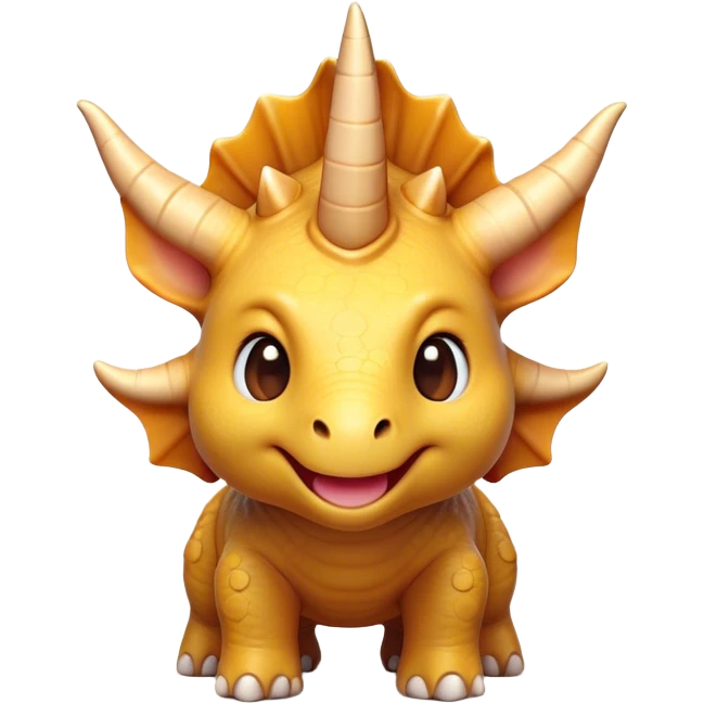 Cinematic Cute Triceratops Portrait Emoji, Head tilted playfully with a gentle smile, featuring a compact, sturdy body with three adorably prominent horns and a charmingly frilled head, Simplified yet irresistibly adorable features, highly detailed, glowing with a warm, inviting earthy glow, high shine, affectionate and lively, stylized with a touch of whimsical dinosaur charm, soft glowing outline, capturing the essence of a mischievous yet endearing Triceratops that seems as if it could trot out of the screen into your arms! emoji