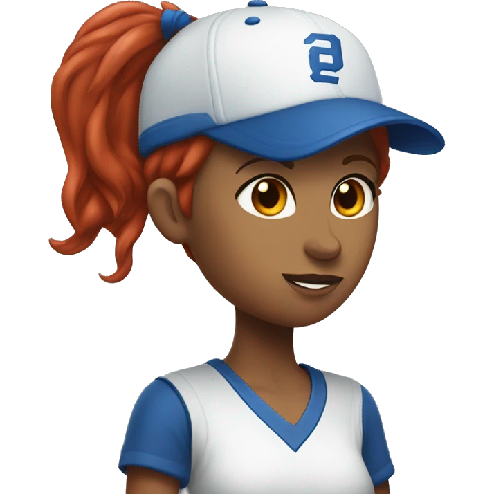 front facing, standing female coach with long red hair, wearing a white t-shirt and a simple blue baseball hat emoji