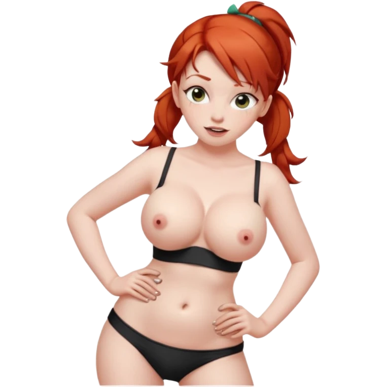 Naked red haired girl in pigtails with hands on hips and very large boobs with cleavage.  She is not wearing anything at all.  Her waist is thin and her hips are sexy.  She winks one eye emoji