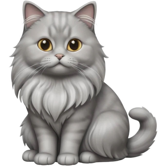 A 3D cartoon silver-gray British Longhair cat with flowing fur and soft reflections, calm sitting pose, Memoji-style rendering. full body or half body. emoji