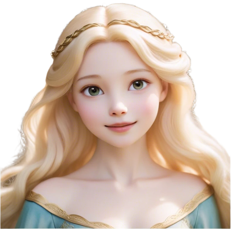 Cinematic Realistic Sleeping Beauty (Aurora) Portrait, with porcelain-like skin featuring a natural rosy flush, illuminated by soft lighting that highlights the gentle contours of her face. Her golden blonde hair flows in soft, detailed waves with subtle highlights that shimmer in the light. Her deep violet-blue eyes radiate warmth and innocence, framed by arched brows and long lashes. With a soft, serene smile, she holds a delicate rose gently in one hand, her other hand resting lightly by her side. She is dressed in her classic pink gown, the fabric rich in texture with delicate folds that catch the light. A golden crown rests atop her head, gleaming with royal refinement. The portrait captures a soft, glowing aura, blending realism with an ethereal sense of beauty and timeless enchantment. emoji