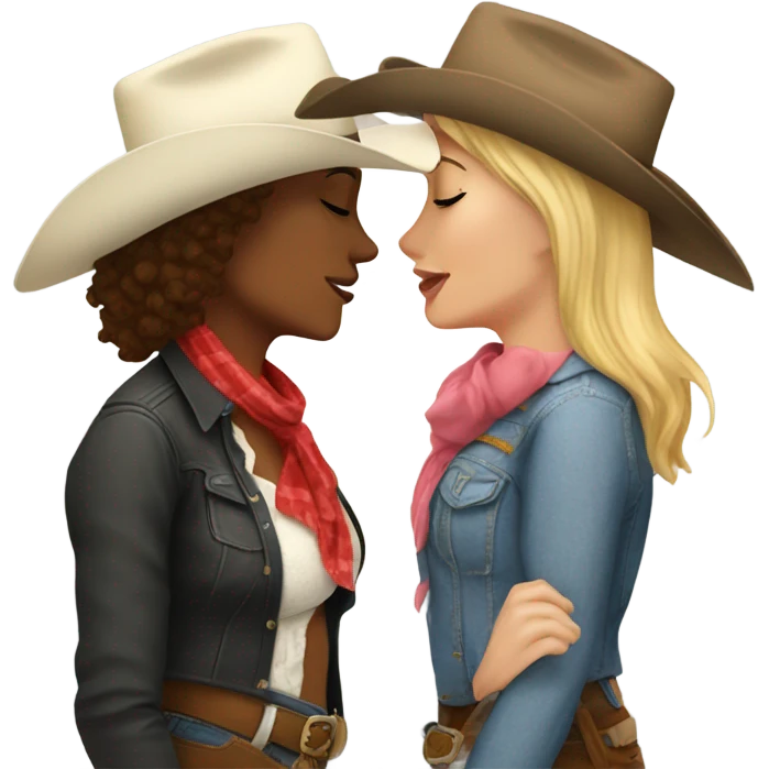 Women, white cowgirl, kissing another short hair woman cowgirl emoji