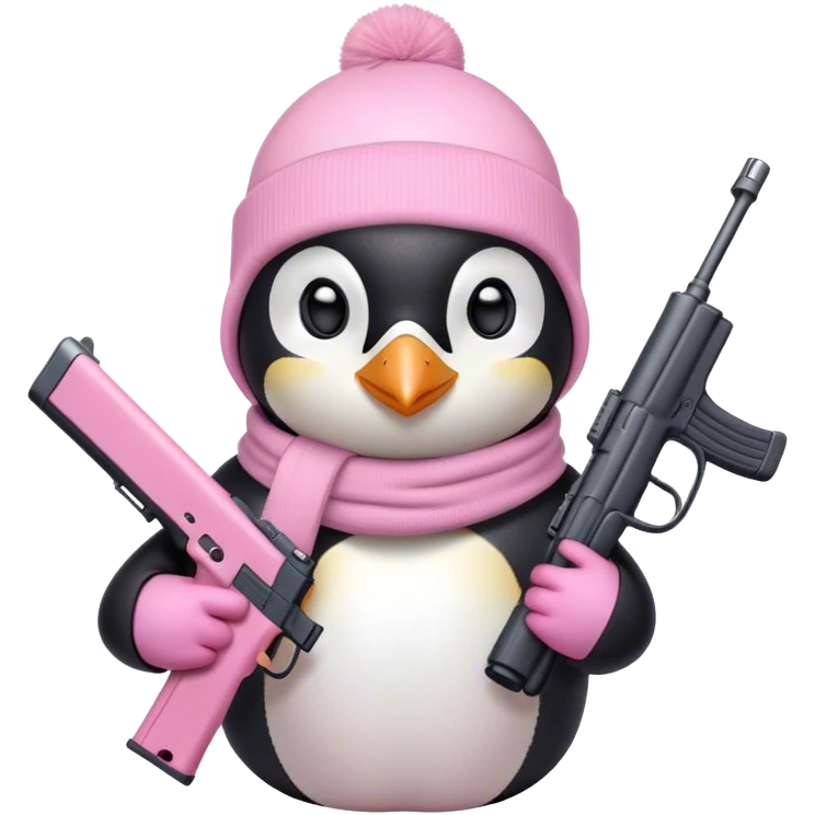 penguin wearing light pink ski mask holding a light pink gun emoji
