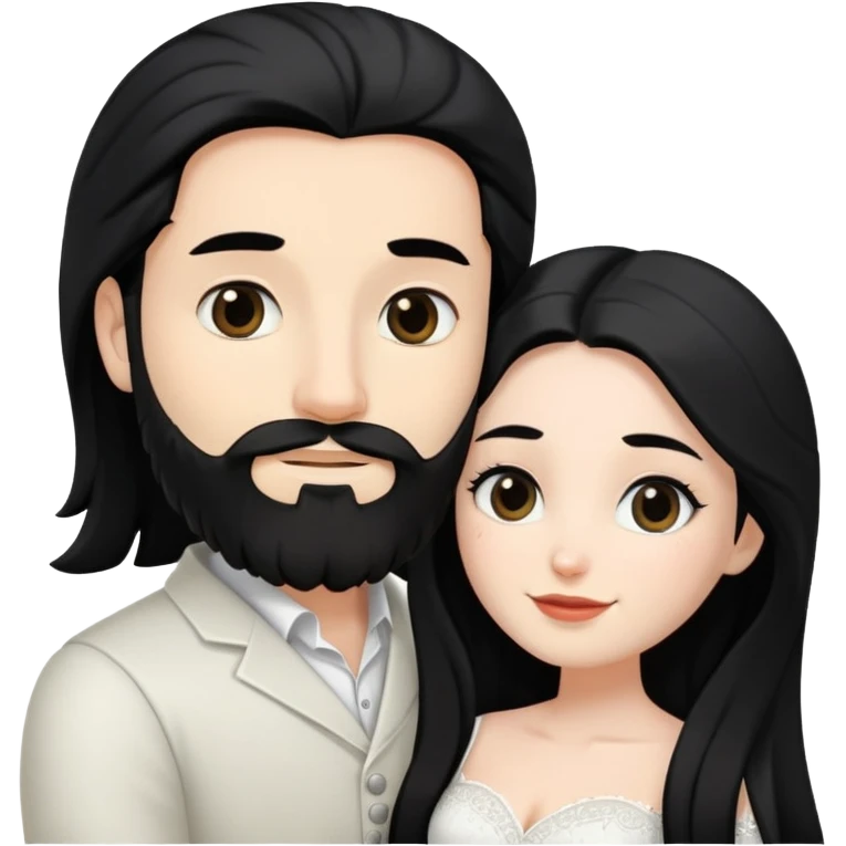 couple of newlyweds hugging, white skin man with black hair and beard; white skin woman with long black hair and black eyes emoji