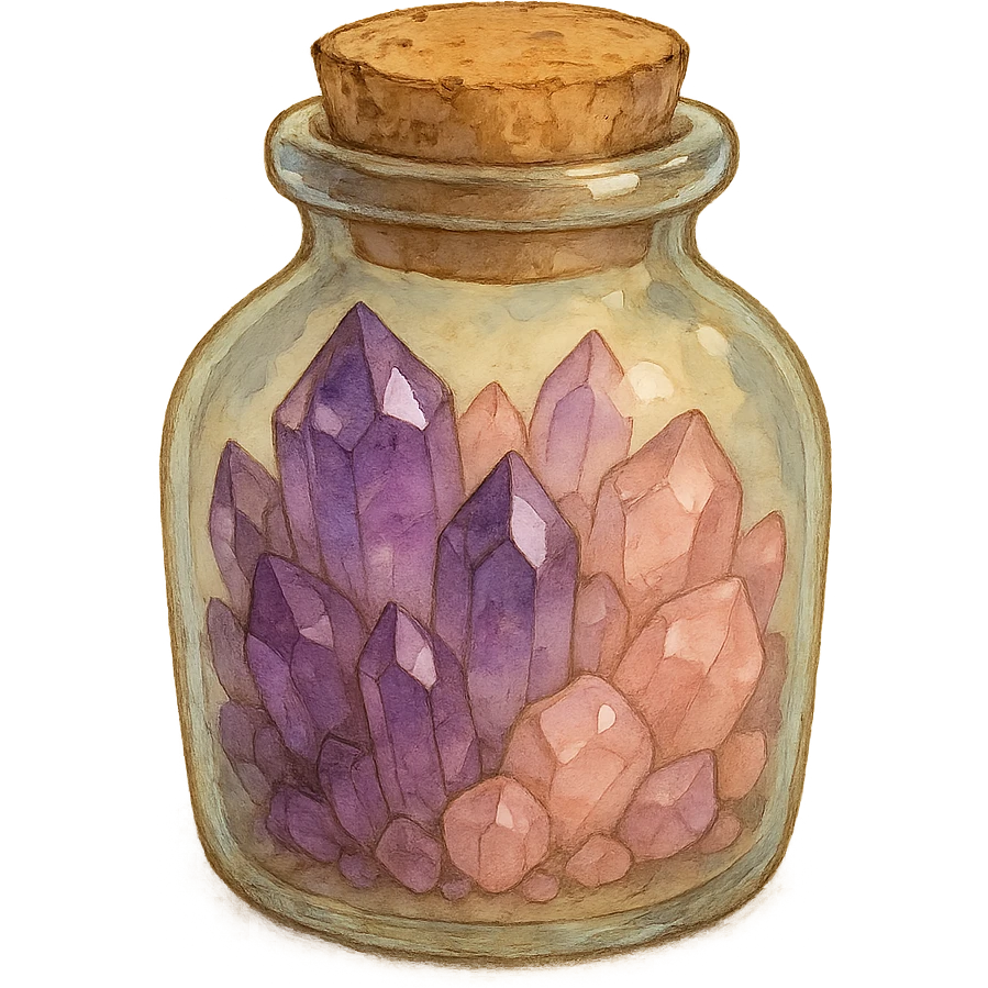 amethyst and rose quartz crystal pieces in a jar, natural colors, soft, fairy-like atmosphere, no background, square size emoji