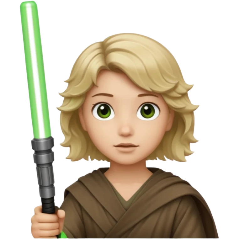 Young jedi with sandy blonde wavy short hair holding a green light saber. With brown eyes emoji