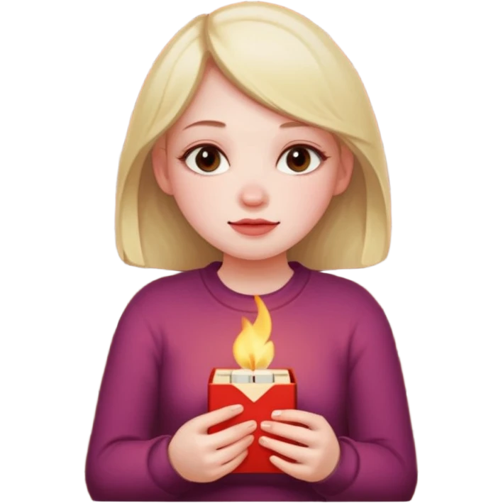 A fragile girl sitting beside a wall, clutching a box of matches, lighting one to warm her cold rosy cheeks.
 emoji