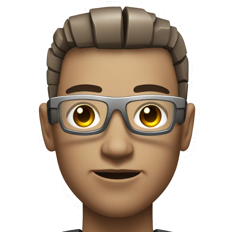 Male cyborg with metallic plated face, brown flat top haircut, glasses and circuitry emoji