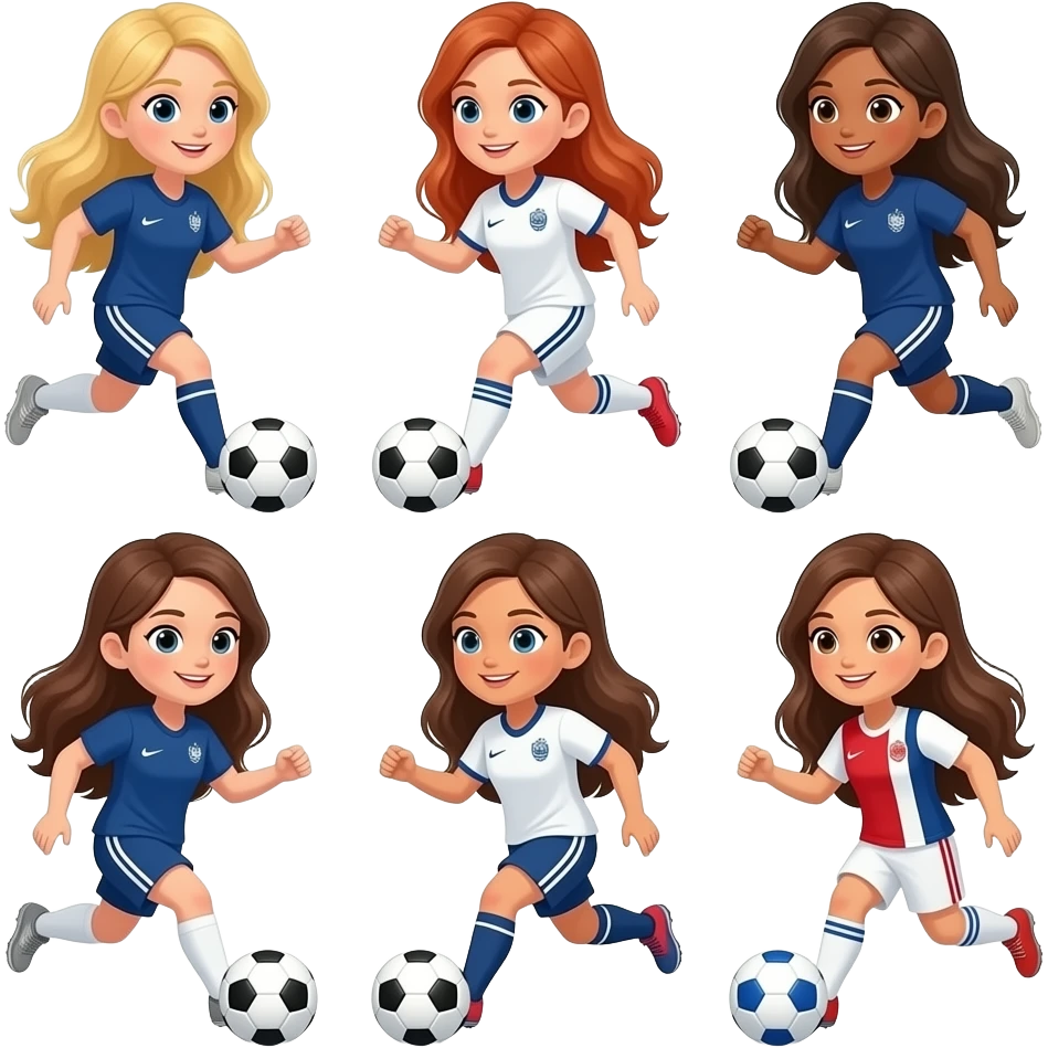 A team of 7 women playing soccer in France : one long blond hair and white skin, one auburn long hair and white skin, one with caramel-colored skin and chestnut hair, two with chestnut long hair and white skin, one with brown middle hair and white skin, one with brown long hair and white skin emoji