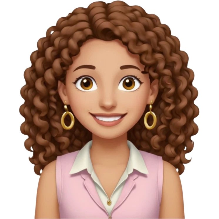 mujer un poco morena (no demasiado), pelo rizado largo, sonriendo, con ojos grandes y marrones con camisa rosa palo y un chaleco blanco y aretes dorados en forma de circulo en sus orejas  emoji