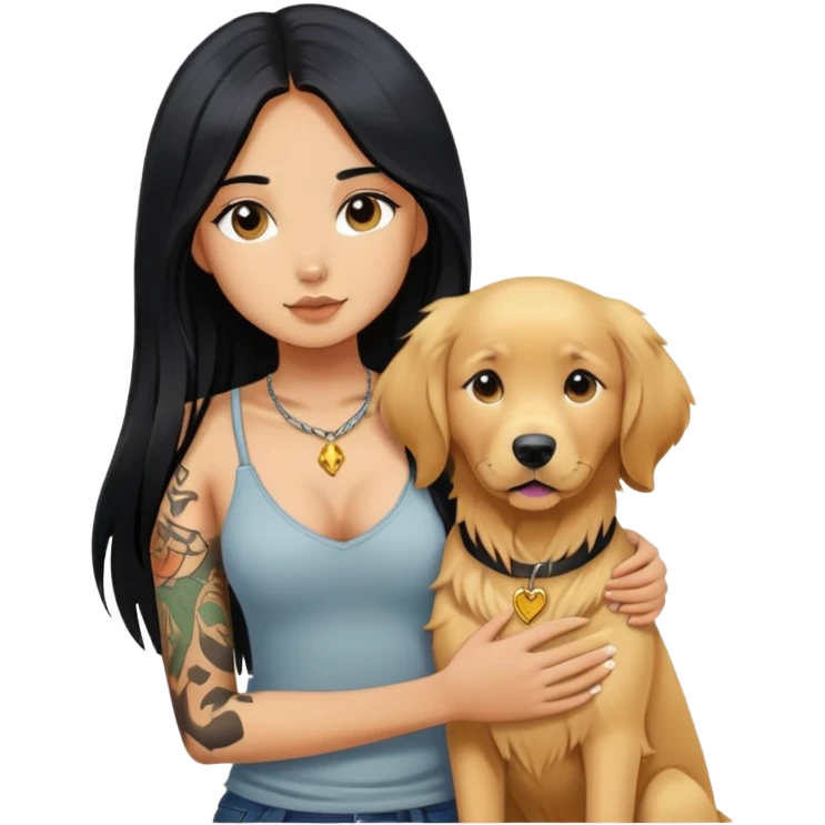 girl with long black  straight hair and chest tattoos and  a golden retriever emoji
