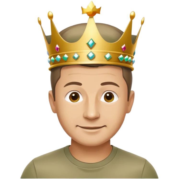 Happy Vladimir Zelensky in a T-shirt and a khaki shirt with a crown on his head emoji
