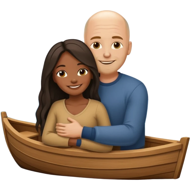 Black woman with hair and bald white guy hugging in a boat emoji