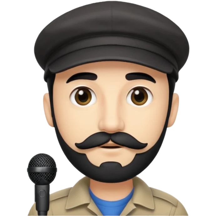streamer man with short black beard, short black mustache, black eyebrows, and a cap, with a microphone emoji
