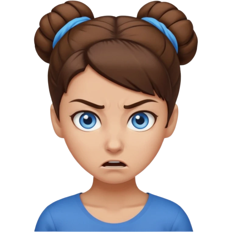 Girl with blue eyes, brown hair in a brown bun, no bangs, angry emoji