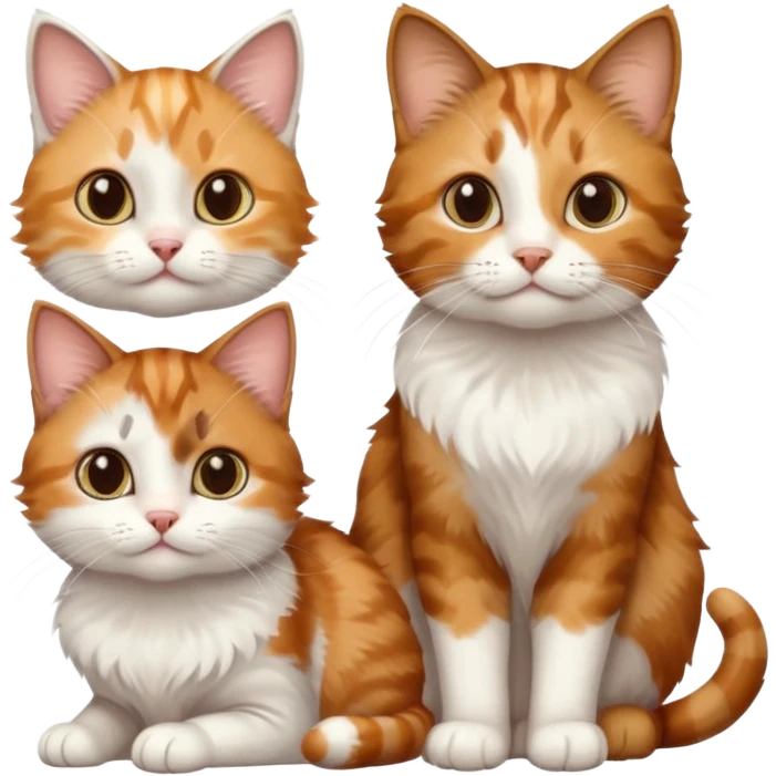 3 small cats different colours including brown tabby and white, light patchy calico, and ginger and white emoji