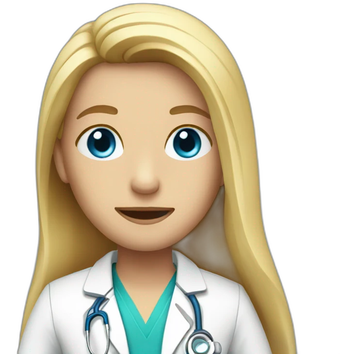 doctor with long blond hair and blue eyes and red face emoji