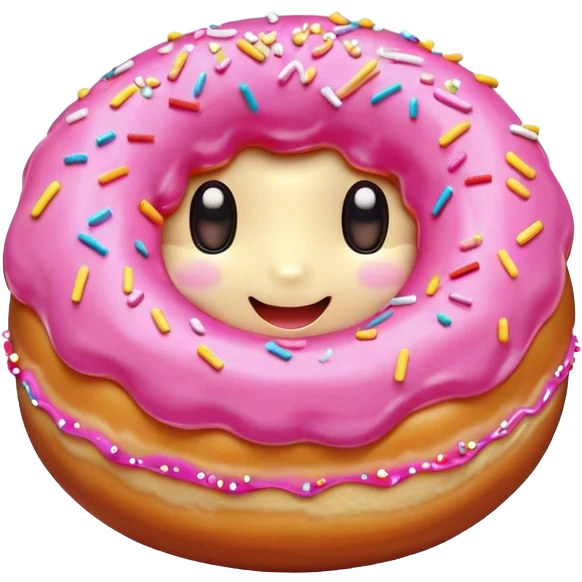 Cinematic tiny happy donut, round and fluffy, golden brown with pink icing and sprinkles, tiny adorable face with blushing cheeks, warm glowing background. emoji