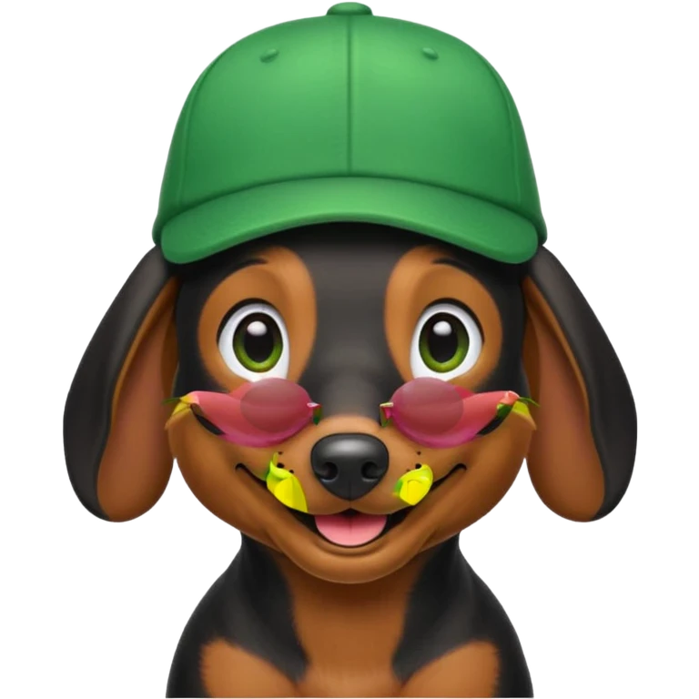 Black Dachshund in Green Cap in iOS 18 Emoji Style emoji
