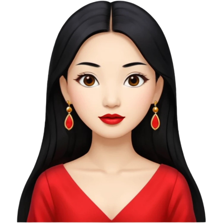 30 yr old asian woman, center part straight long black hair, very pretty, fancy dress, earings, red lipstick emoji