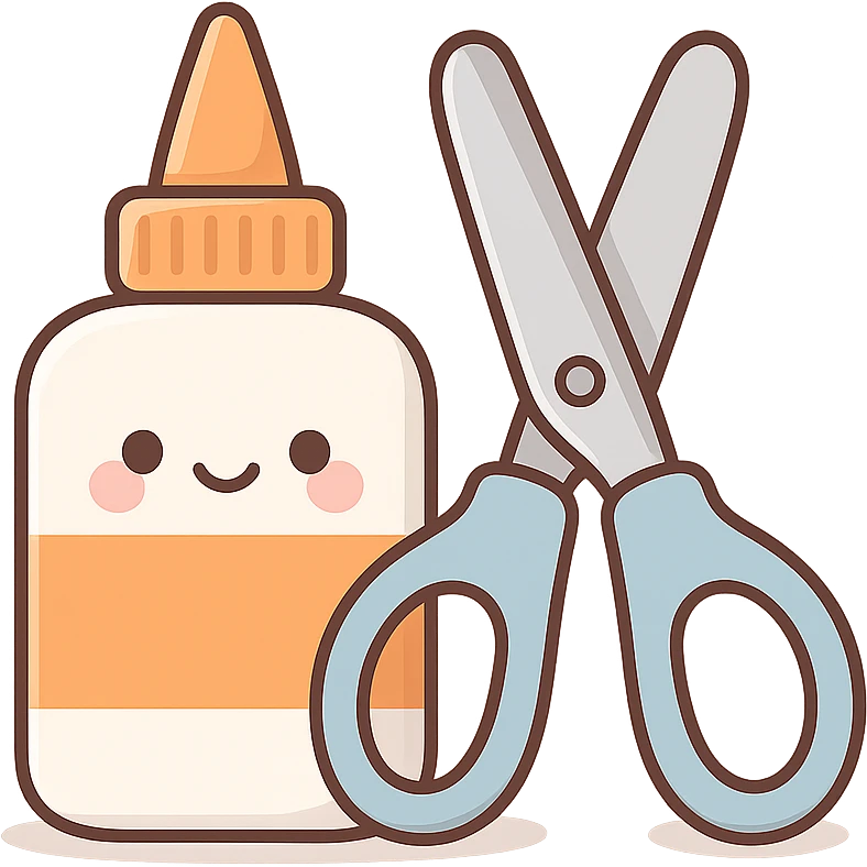 bottle of glue with orange label and tip and a pair of blue scissors, flat toon vector illustration, kawaii minimal emoji